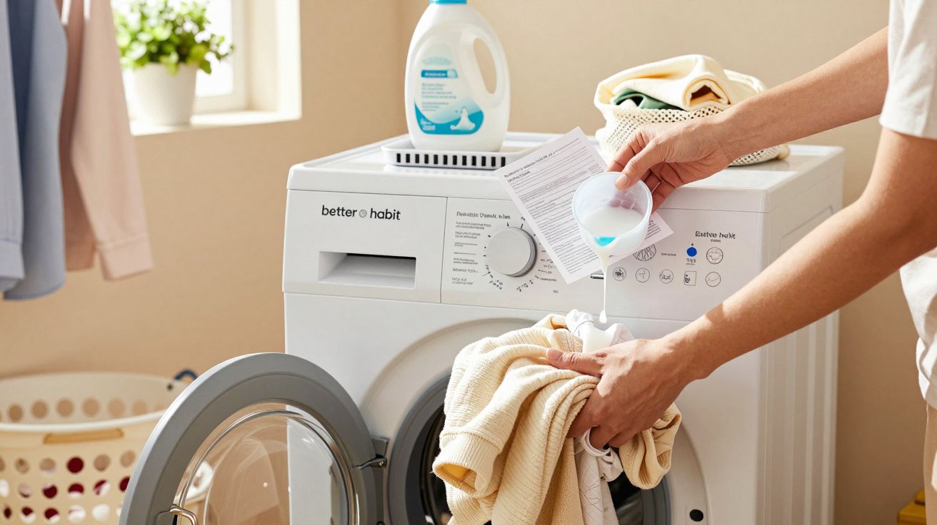 Pessoa a colocar detergente líquido em roupa na máquina de lavar, com uma garrafa de detergente ao fundo.