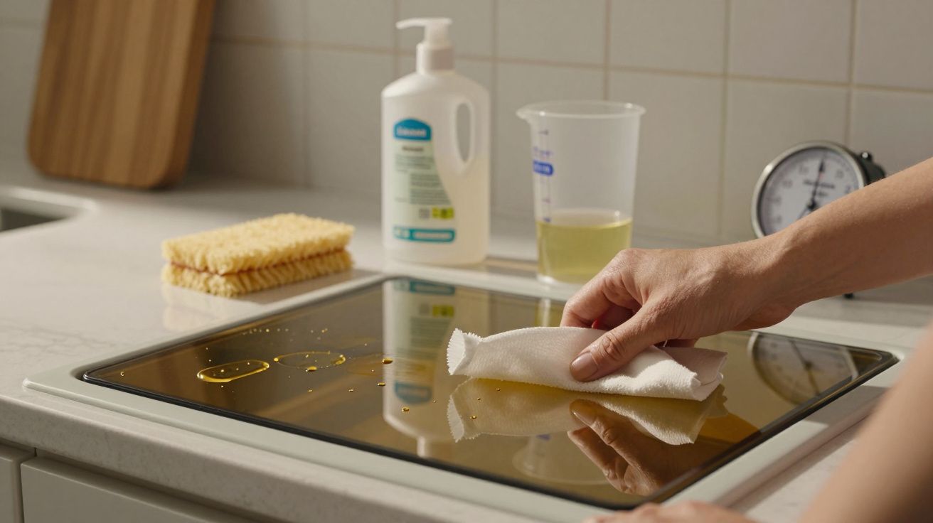 Mão limpa placa de vidro de fogão com pano branco; esponja e produtos de limpeza ao fundo.