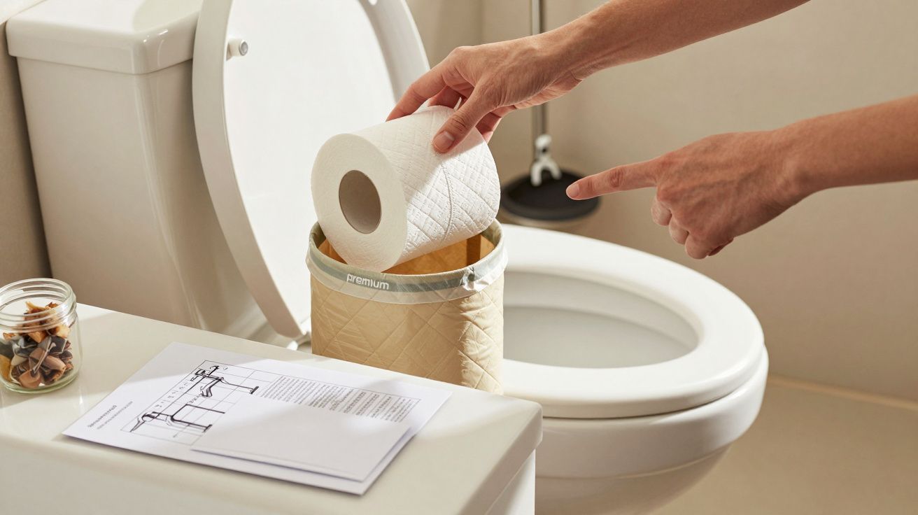 Pessoa a colocar rolo de papel higiénico num cesto ao lado de uma sanita. Há um frasco e um documento próximo.