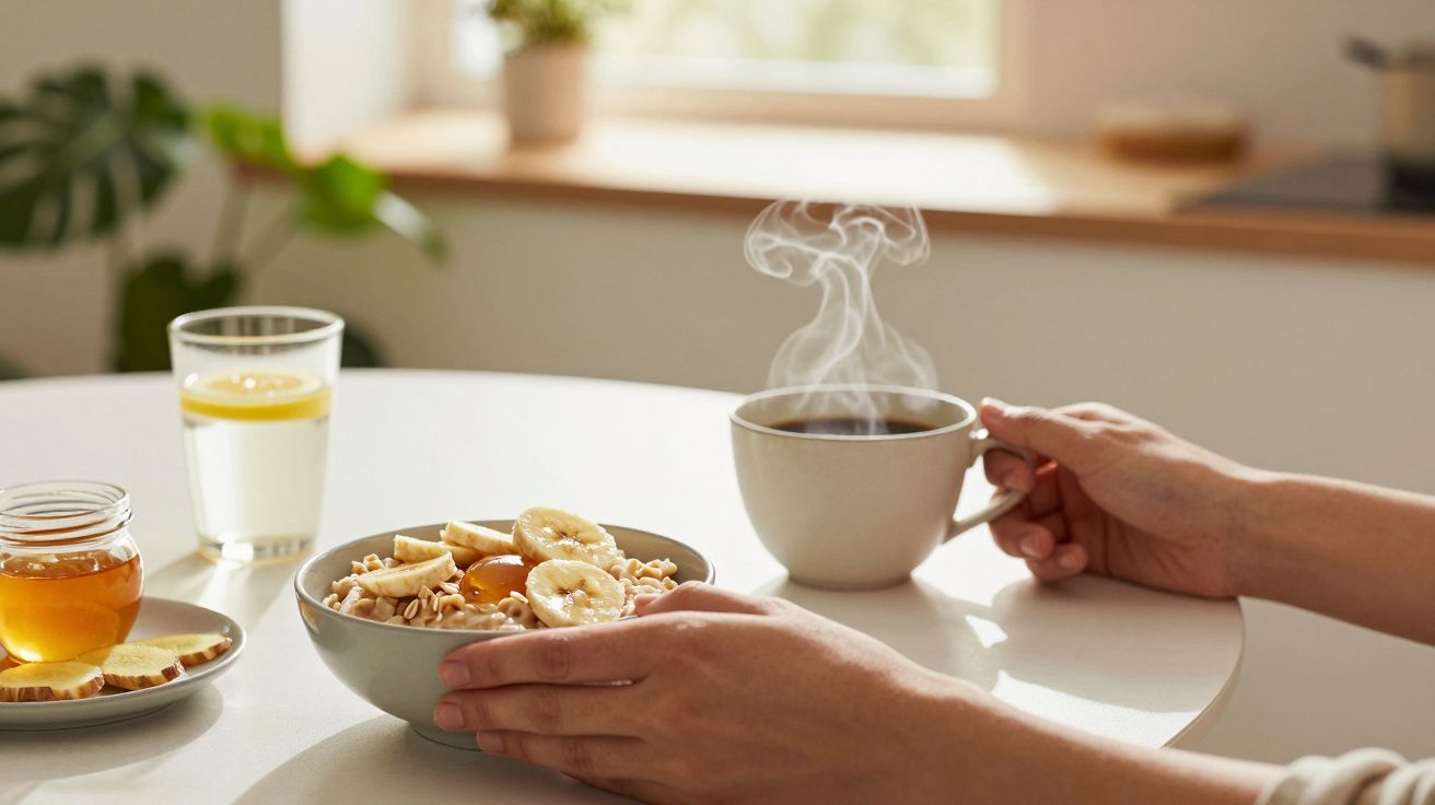Pessoa segura taça de café quente ao lado de tigela com cereais e banana, em mesa com mel e copo de água com limão.