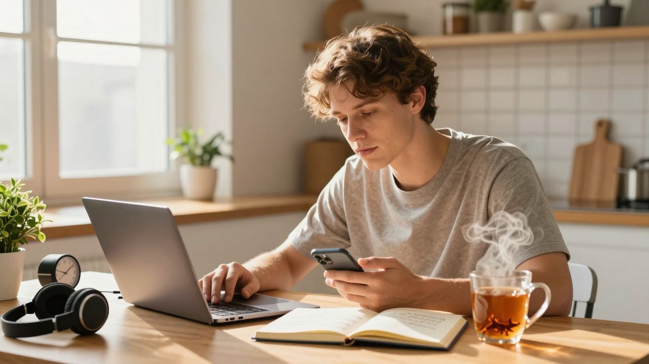 Homem a trabalhar em casa, usando portátil e telemóvel numa cozinha iluminada, com chá e caderno à frente.
