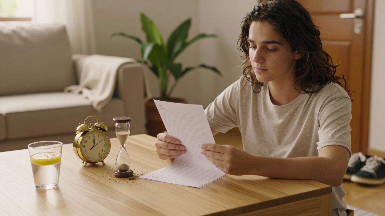 Pessoa sentada à mesa lê papel; à esquerda, despertador, ampulheta e água com limão em ambiente caseiro.