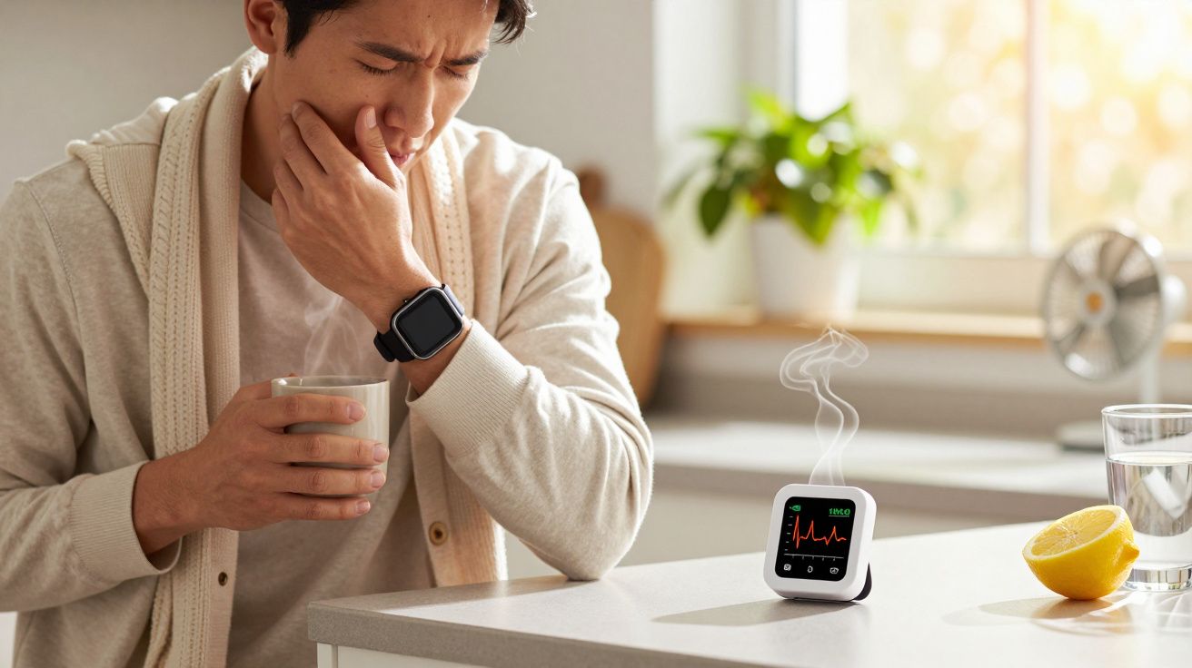 Homem com dor de dentes segurando chá quente ao lado de um termómetro digital numa cozinha iluminada.