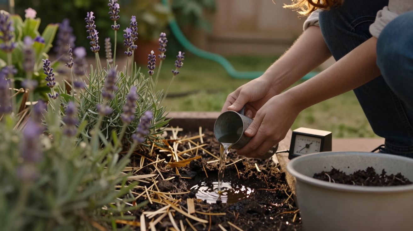 Pessoa rega plantas de lavanda num jardim com uma chávena de metal, ao lado de um vaso e palha.