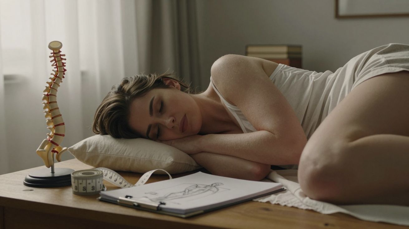Mulher a dormir de lado numa cama, com um esqueleto humano em miniatura e um caderno sobre uma mesa ao lado.