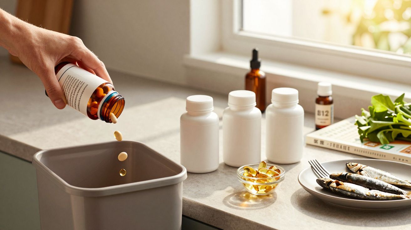 Pessoa a deitar comprimidos no lixo, com frascos e pratos de suplementos e alimentos numa bancada iluminada.