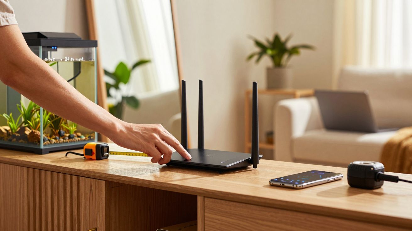 Pessoa ajusta router Wi-Fi em móvel de sala moderna, com aquário, fita métrica e smartphone ao lado.