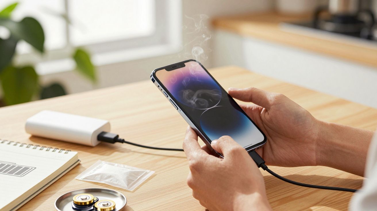 Pessoa a segurar um telemóvel a deitar fumo enquanto está a carregar, sobre uma mesa de madeira.