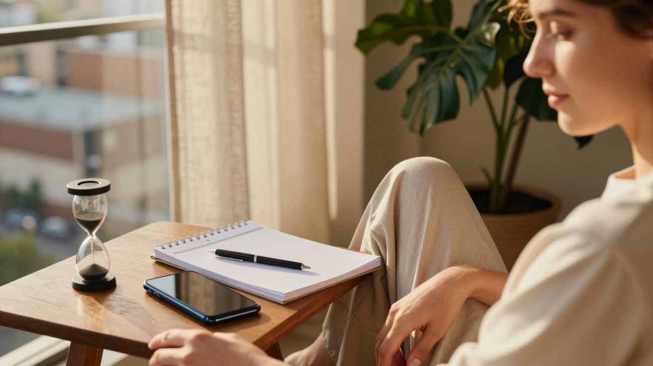 Mulher sentada ao lado de mesa com ampulheta, bloco de notas, caneta e telemóvel. Planta ao fundo.