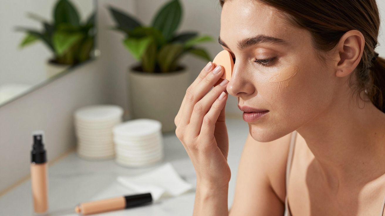 Mulher aplica base no rosto com uma esponja, num ambiente de casa de banho.