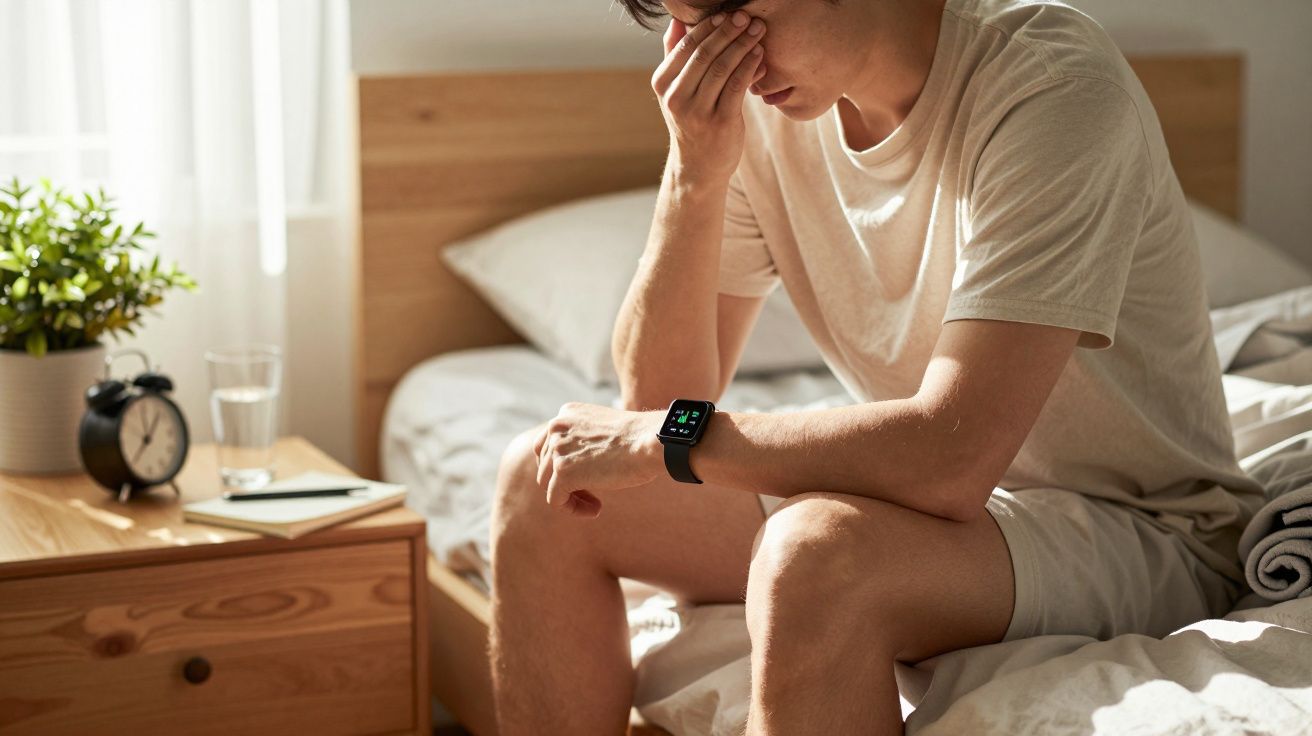 Homem sentado na cama, segurando a cabeça, com um relógio inteligente no pulso. Mesa de cabeceira à esquerda.