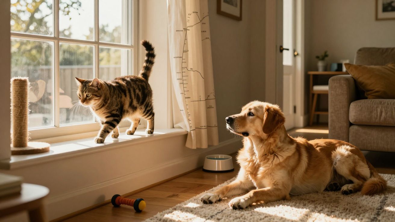 Gato a caminhar no parapeito e cão deitado no chão, numa sala iluminada pelo sol.