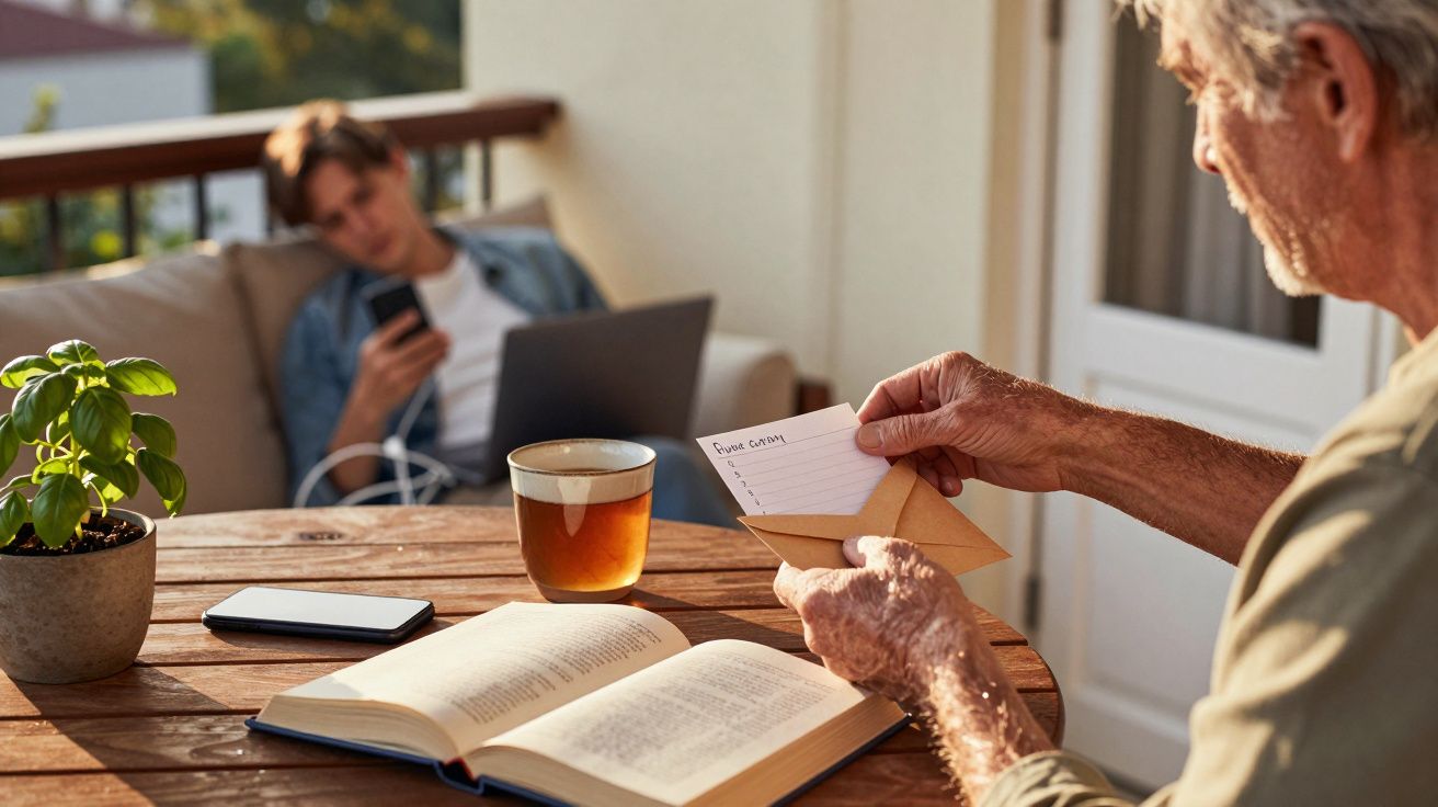 Homem lendo carta numa varanda, com livro, chá e planta na mesa. Outro homem ao fundo, usando telemóvel.