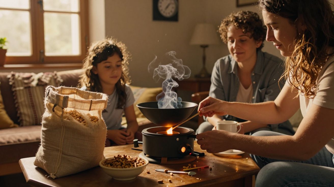 Família junta à mesa a preparar uma refeição com um pequeno fogão, com um saco de grãos ao lado.