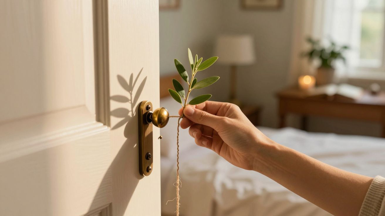 Mão segurando um ramo verde à porta de um quarto iluminado, com mesa ao fundo.