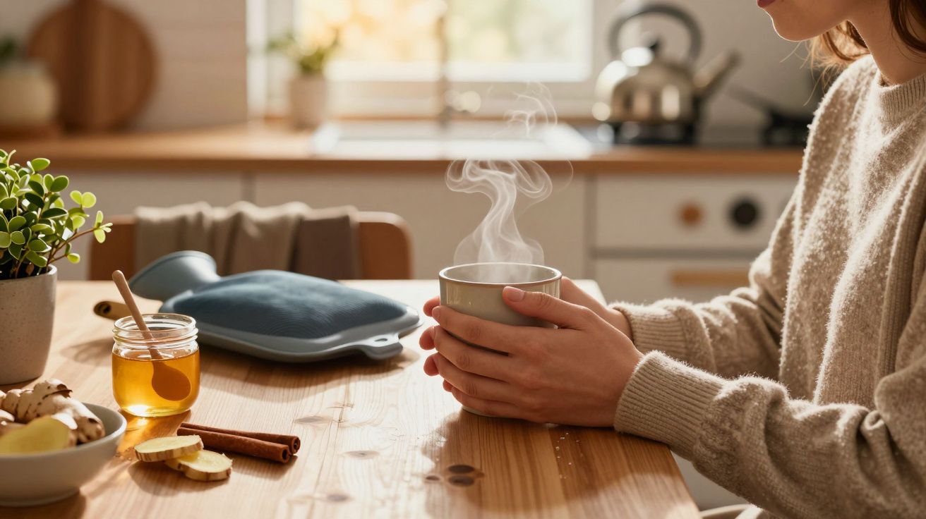 Pessoa segurando chá fumegante em cozinha aconchegante, com mel, gengibre e canela sobre a mesa de madeira.