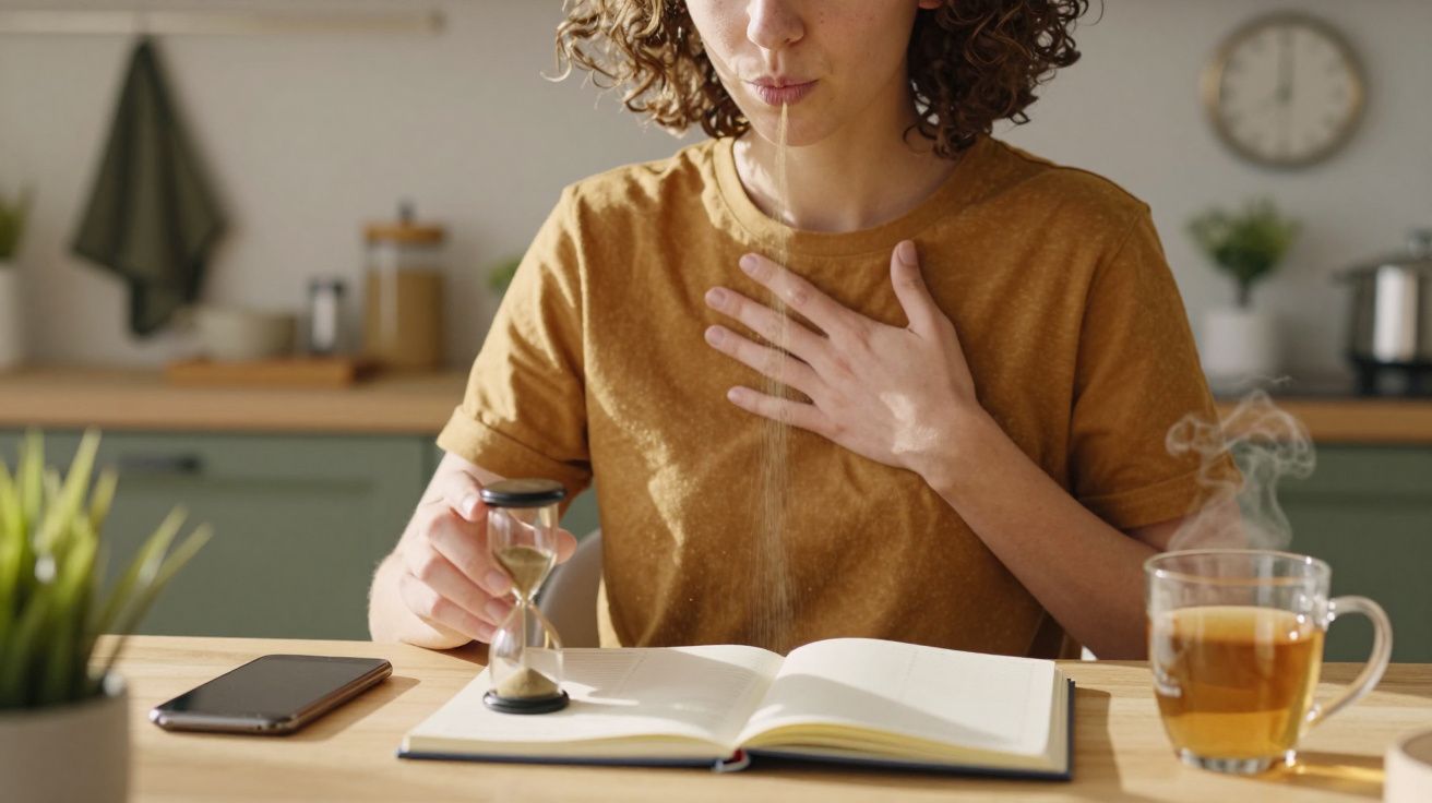 Mulher segurando ampulheta sobre caderno aberto, chá ao lado, numa cozinha iluminada.