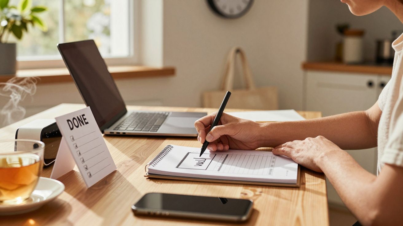 Pessoa escreve num caderno ao lado de um portátil, chá e lista "DONE" numa mesa de madeira.