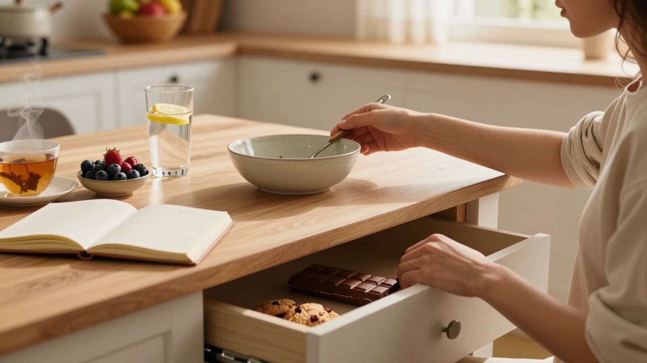 Pessoa num balcão de cozinha com chá, frutas, água e caderno; abre gaveta com chocolate e bolachas.