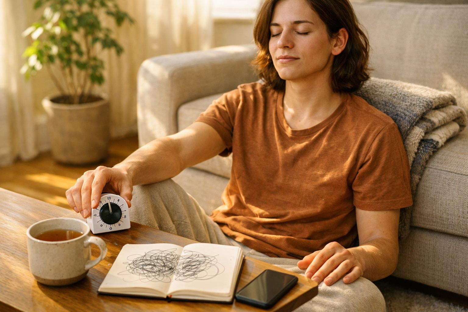 Homem medita na sala, mãos no peito e barriga. Relógio digital marca 10:00 na mesa com chá e caderno.