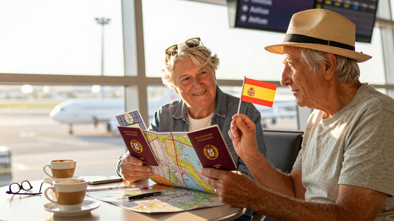 Casal idoso no aeroporto com passaportes e mapa, segurando bandeira de Espanha, com aviões ao fundo.