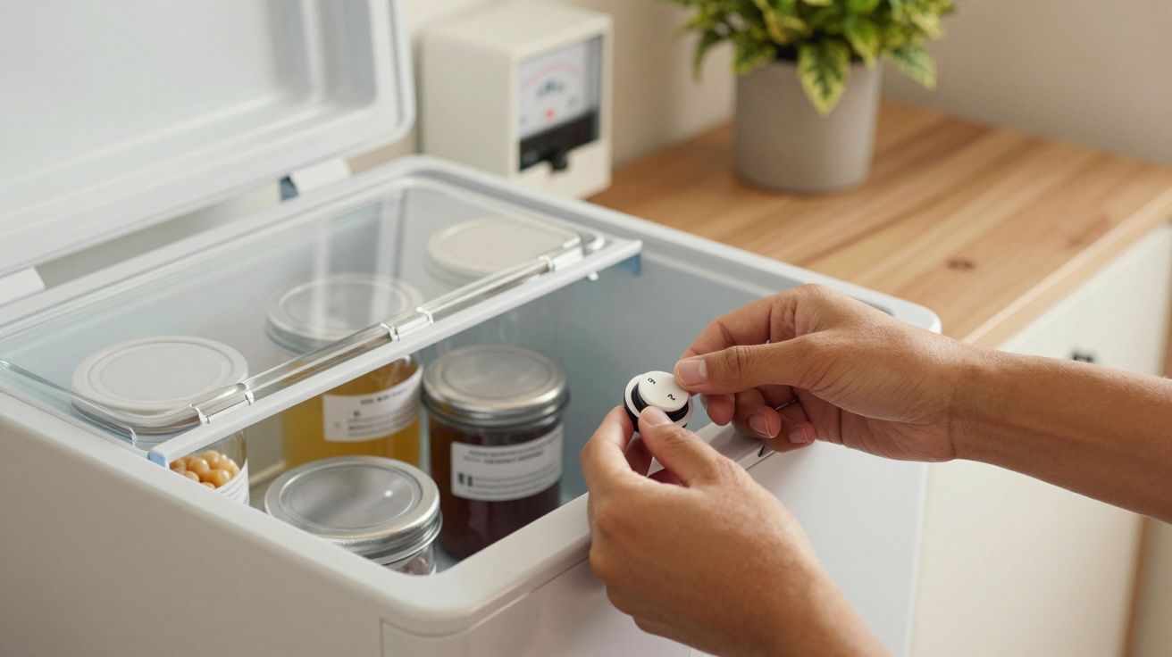 Pessoa coloca um dispositivo em frasco dentro de uma caixa frigorífica pequena, com rótulos visíveis e planta ao fundo.