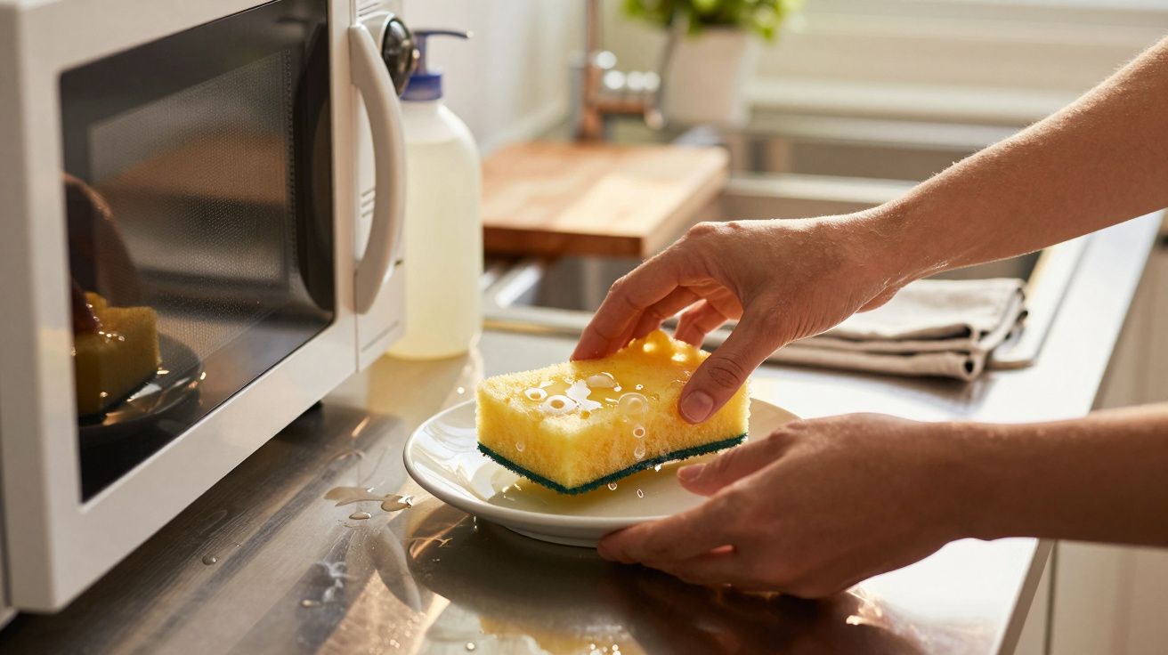 Mãos seguram esponja ensaboada sobre prato ao lado de um micro-ondas na cozinha.