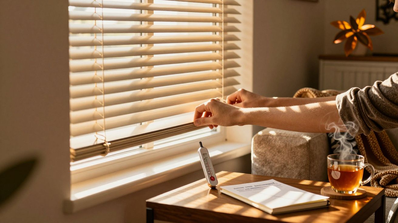 Pessoa ajusta estore, com chá fumegante e medidor em mesa ao sol.