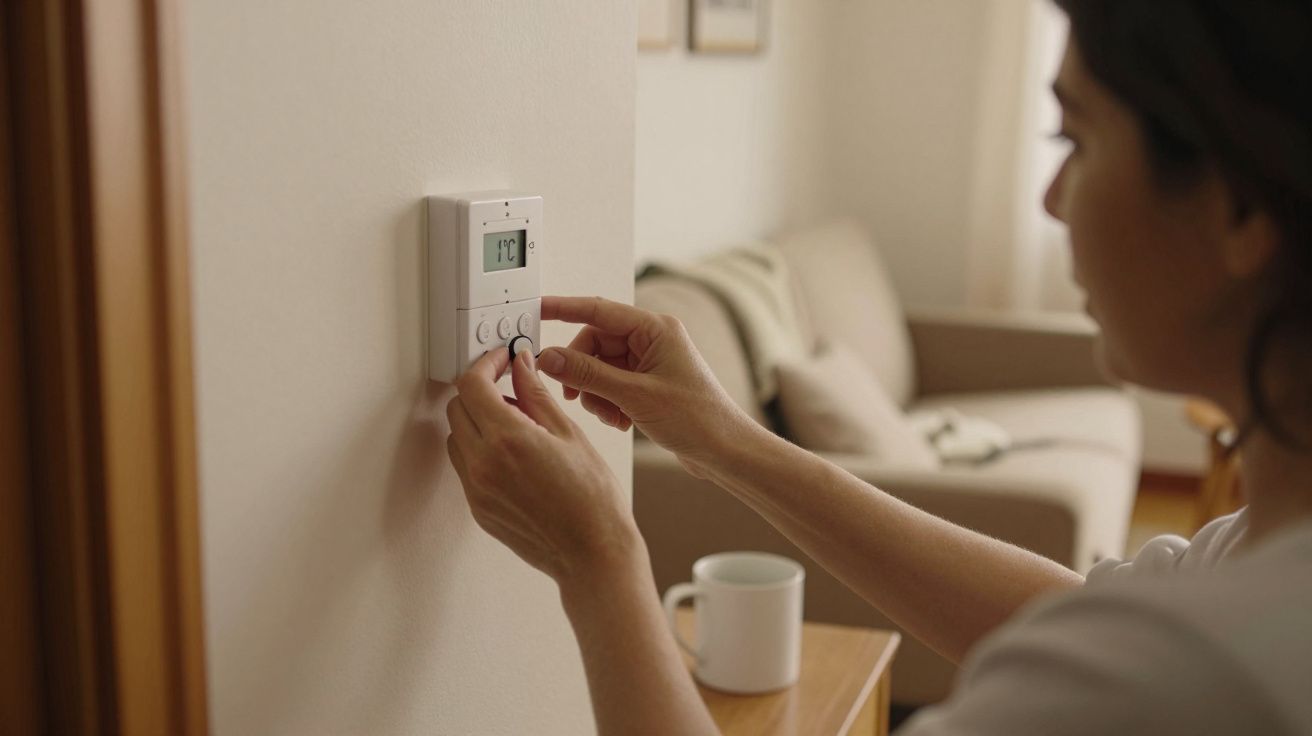 Mulher ajusta um termostato digital numa parede, com uma sala de estar ao fundo e uma chávena em cima da mesa.