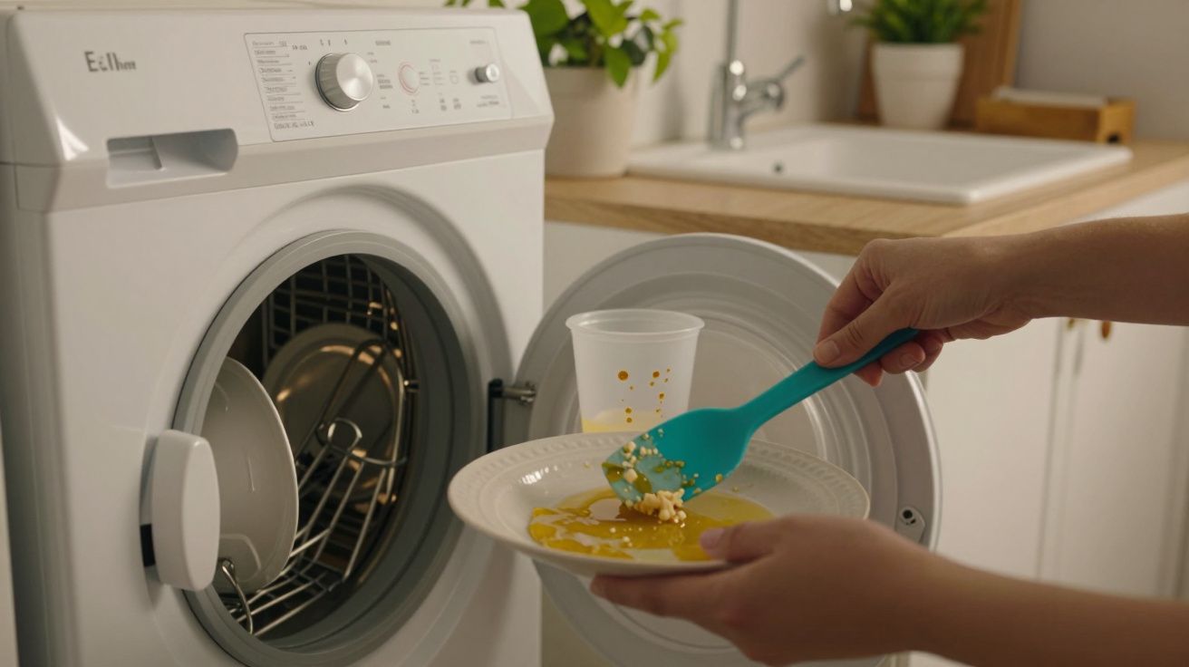 Pessoa limpa prato antes de colocar na máquina de lavar louça, enquanto utensílios já estão posicionados dentro.