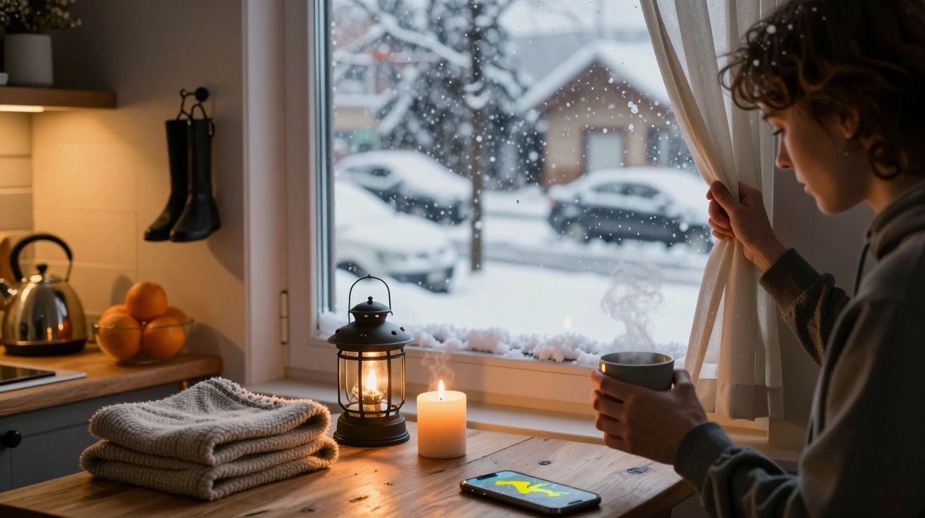 Pessoa a beber chá junto à janela, neve lá fora. Mesa com lanterna, vela, roupas dobradas e telemóvel.