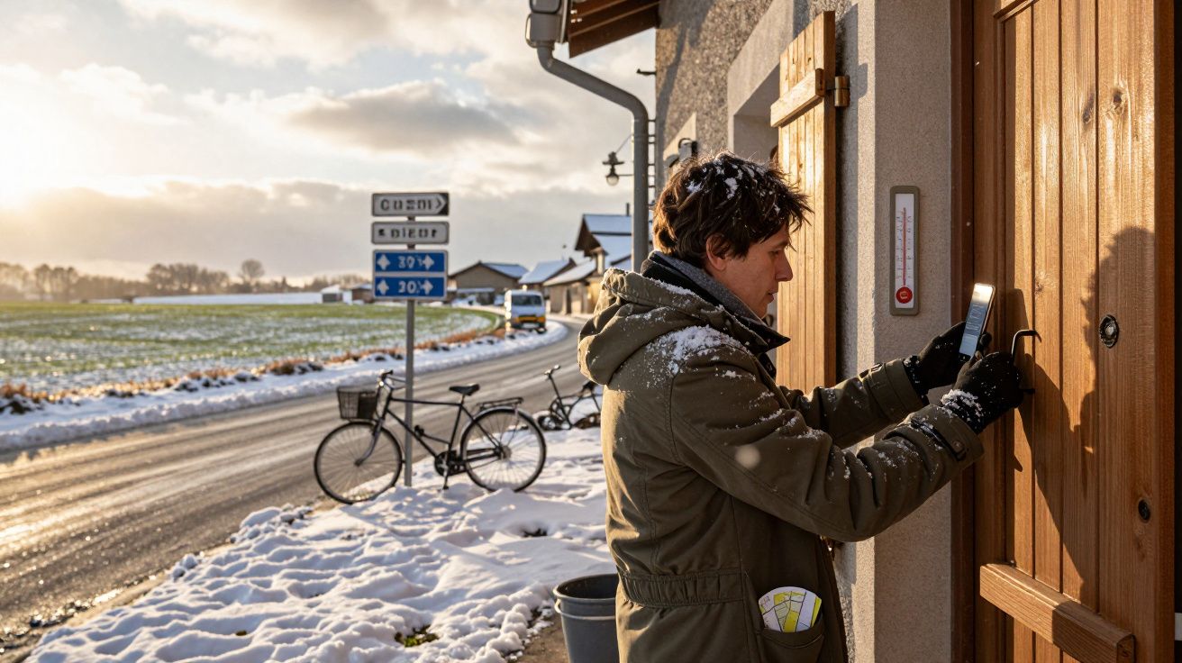 Homem de casaco invernal toca campainha de uma casa; bicicletas e neve no caminho rural ao fundo.