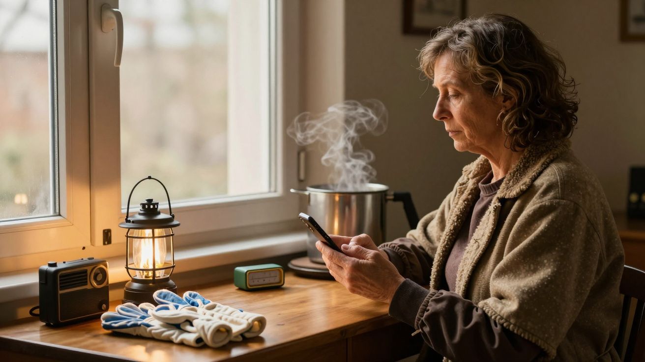 Mulher idosa olha para o telemóvel junto a uma janela, com chaleira a vapor e lanterna na mesa.