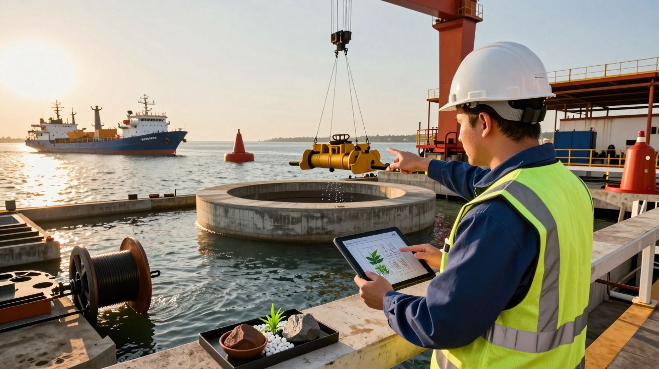 Trabalhador com tablet supervisiona guindaste em porto ao entardecer, navio ao fundo.