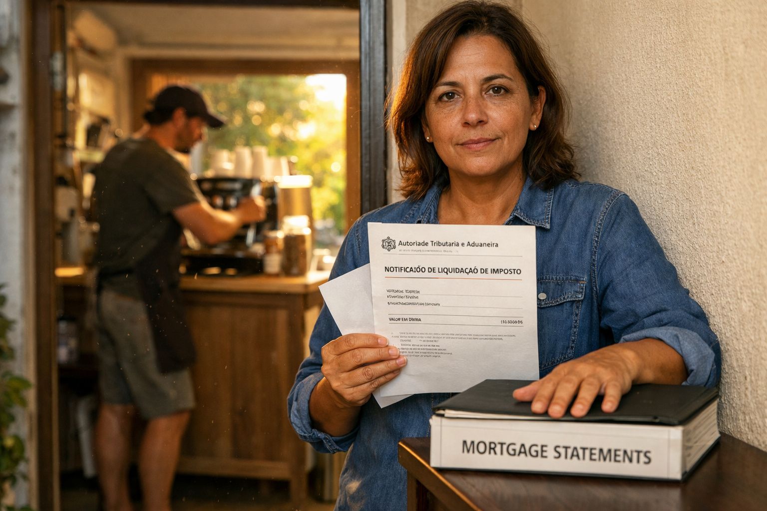 Mulher preocupada lendo um documento sobre hipoteca, com calculadora e chaves em cima da mesa. Homem ao fundo na cozinha.