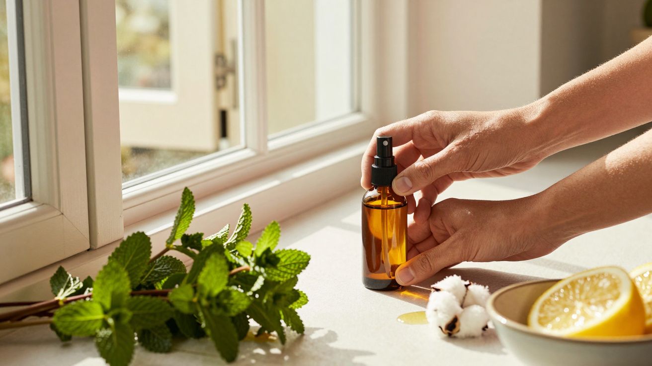 Mãos seguram frasco de spray âmbar perto de ramo de hortelã e limão em bancada iluminada pelo sol.