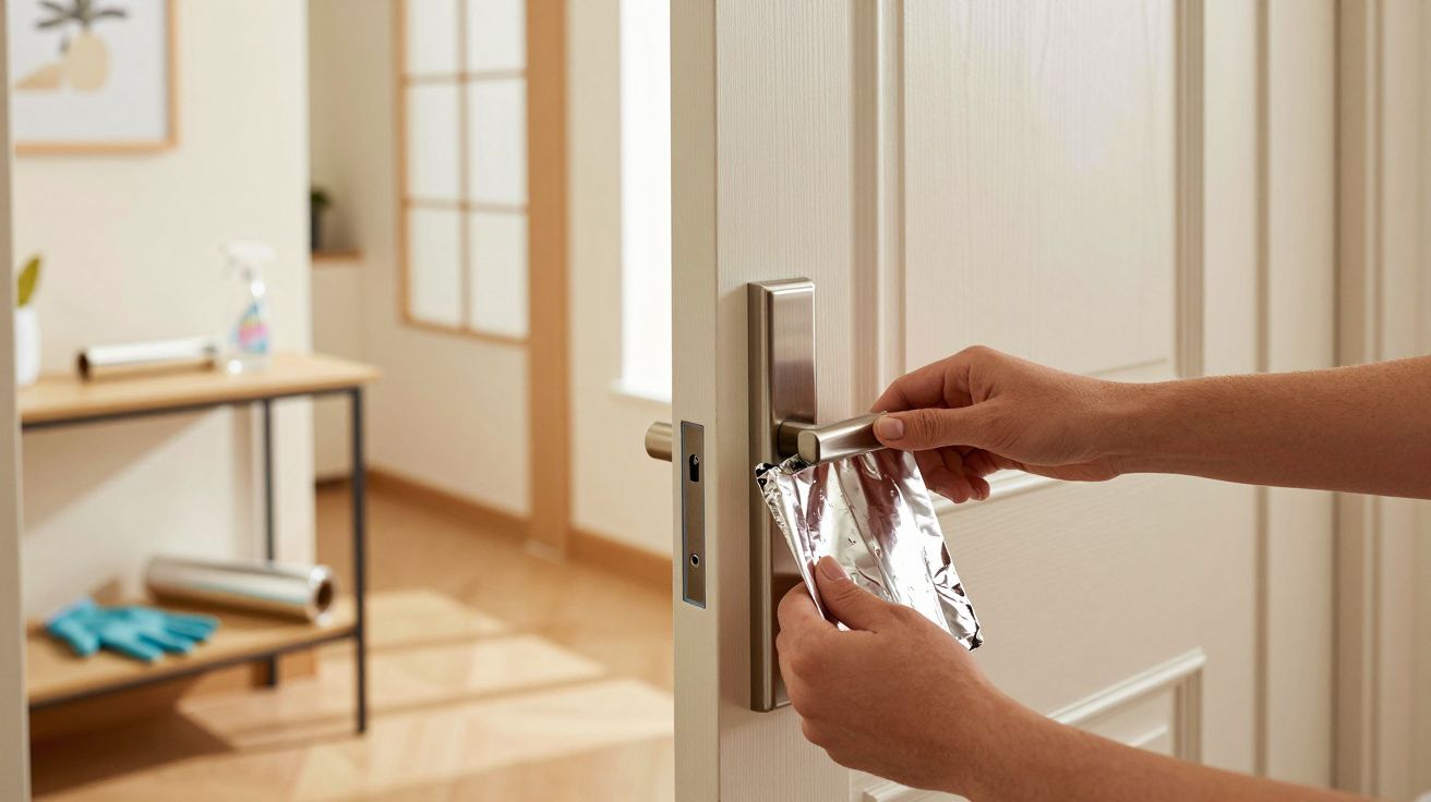 Pessoa a cobrir uma maçaneta de porta com folha de alumínio, numa sala com materiais de limpeza ao fundo.
