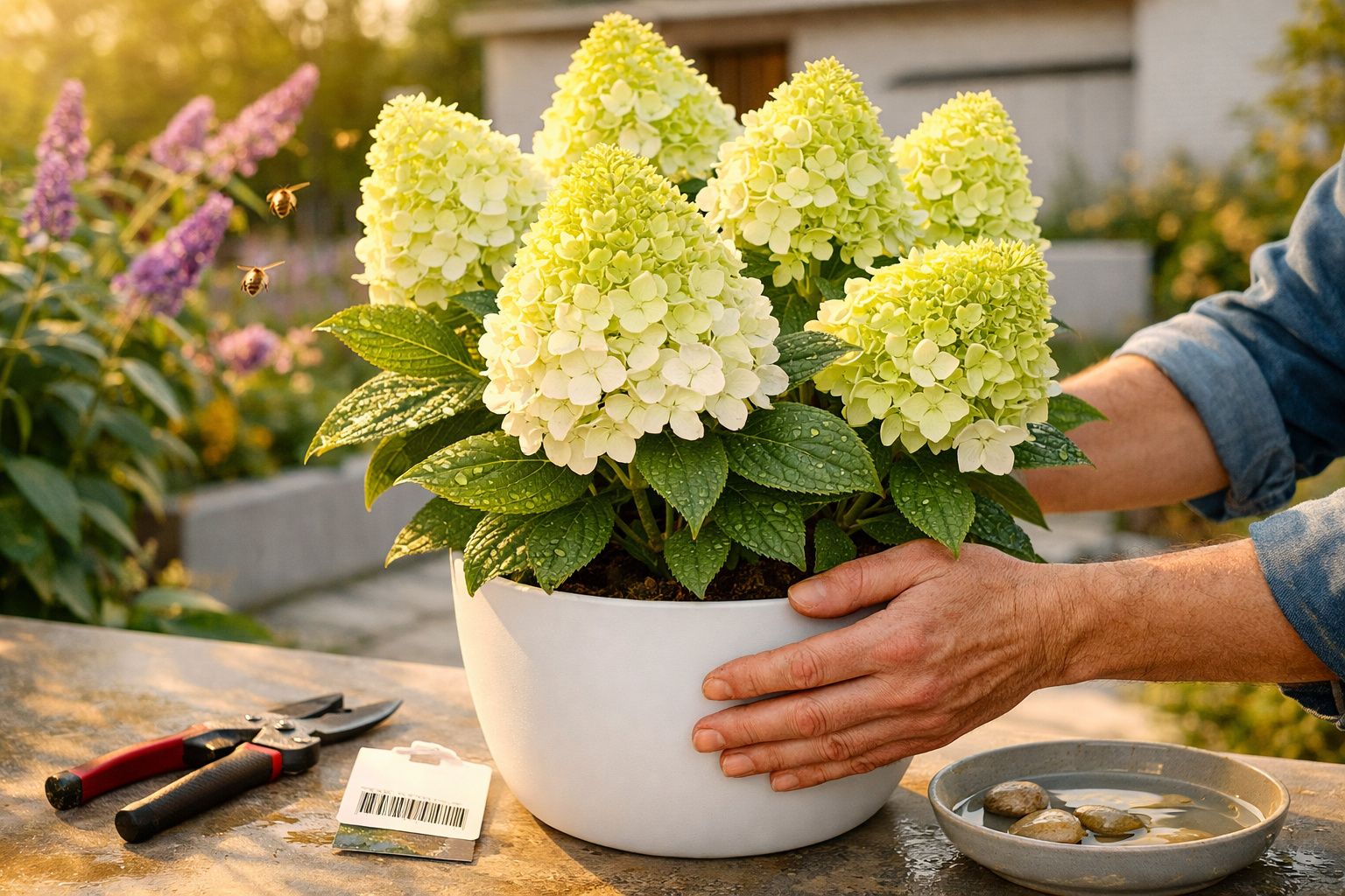 Homem cuida de uma hortênsia em vaso branco numa mesa, cercado por ferramentas de jardinagem e borboletas ao fundo.