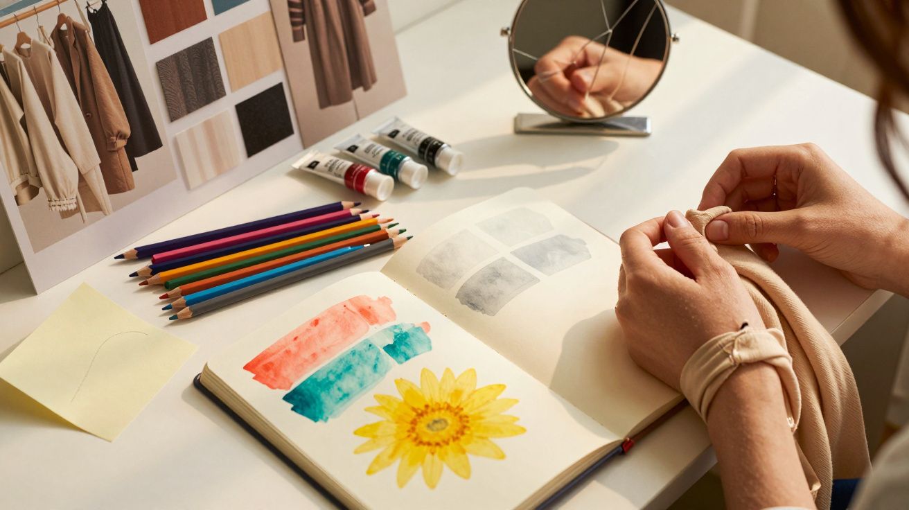 Mãos mexendo em tecido sobre mesa com esboços de moda, pinturas, lápis de cor, tintas e espelho.