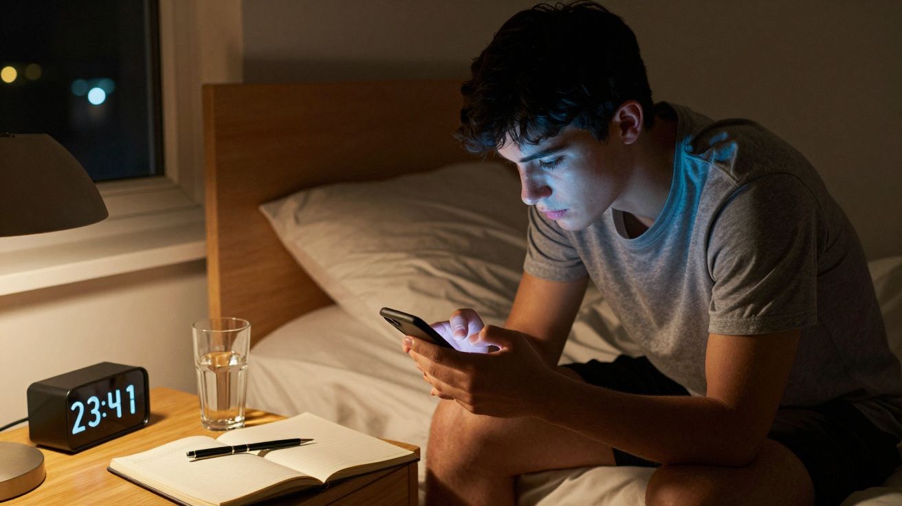 Jovem sentado na cama usando telemóvel à noite, com um despertador a mostrar 23:41 e um copo de água na mesa de cabeceira.