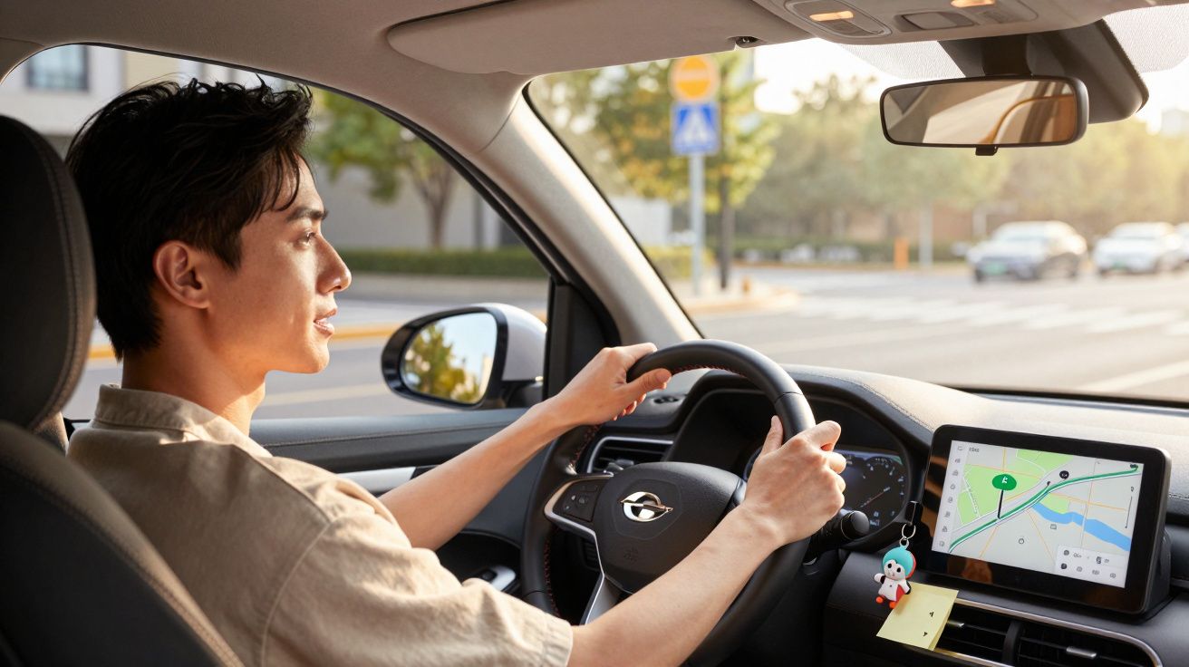 Homem a conduzir carro numa estrada urbana, usa GPS no ecrã do painel enquanto o sol ilumina o interior.