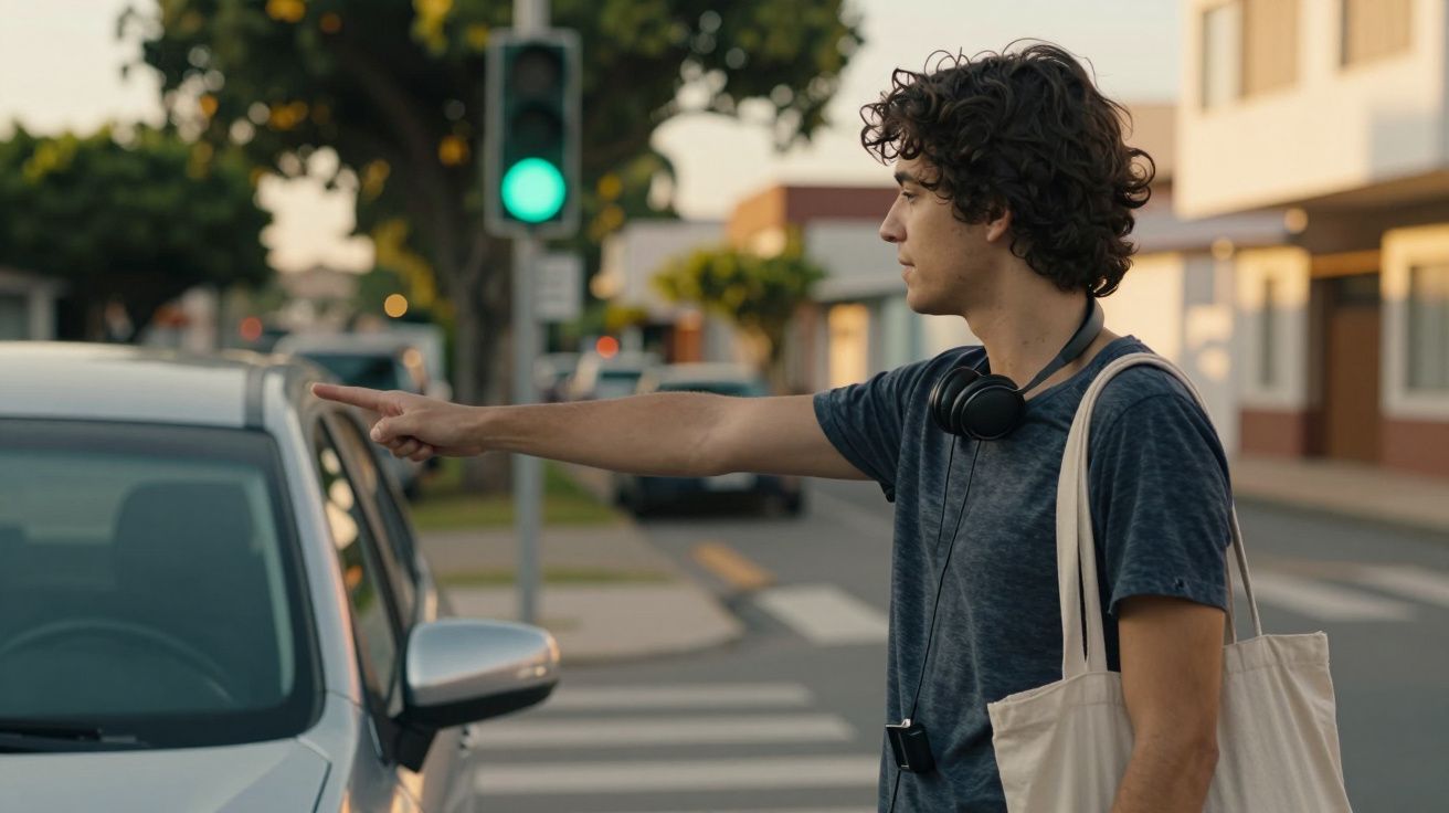 Jovem com auscultadores e saco a apontar para um carro parado num cruzamento com semáforo verde ao fundo.