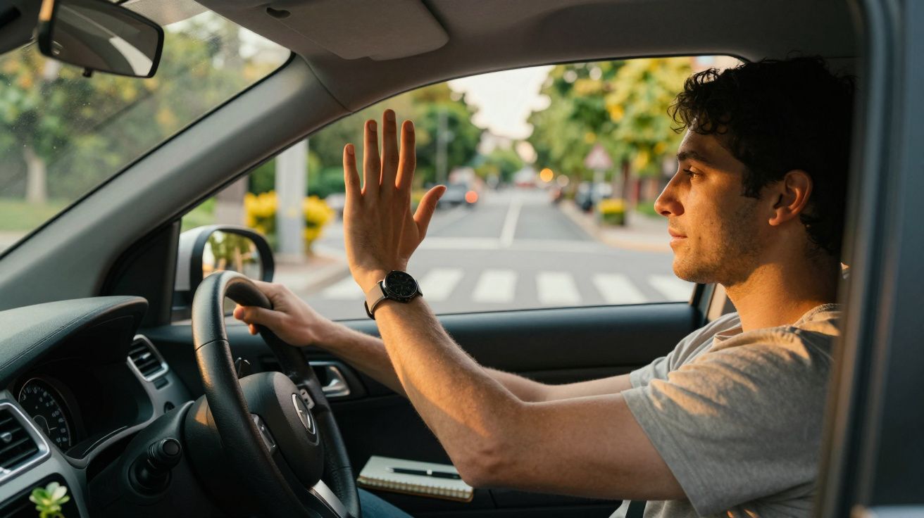 Homem ao volante acena enquanto conduz em rua arborizada com passadeira ao fundo.