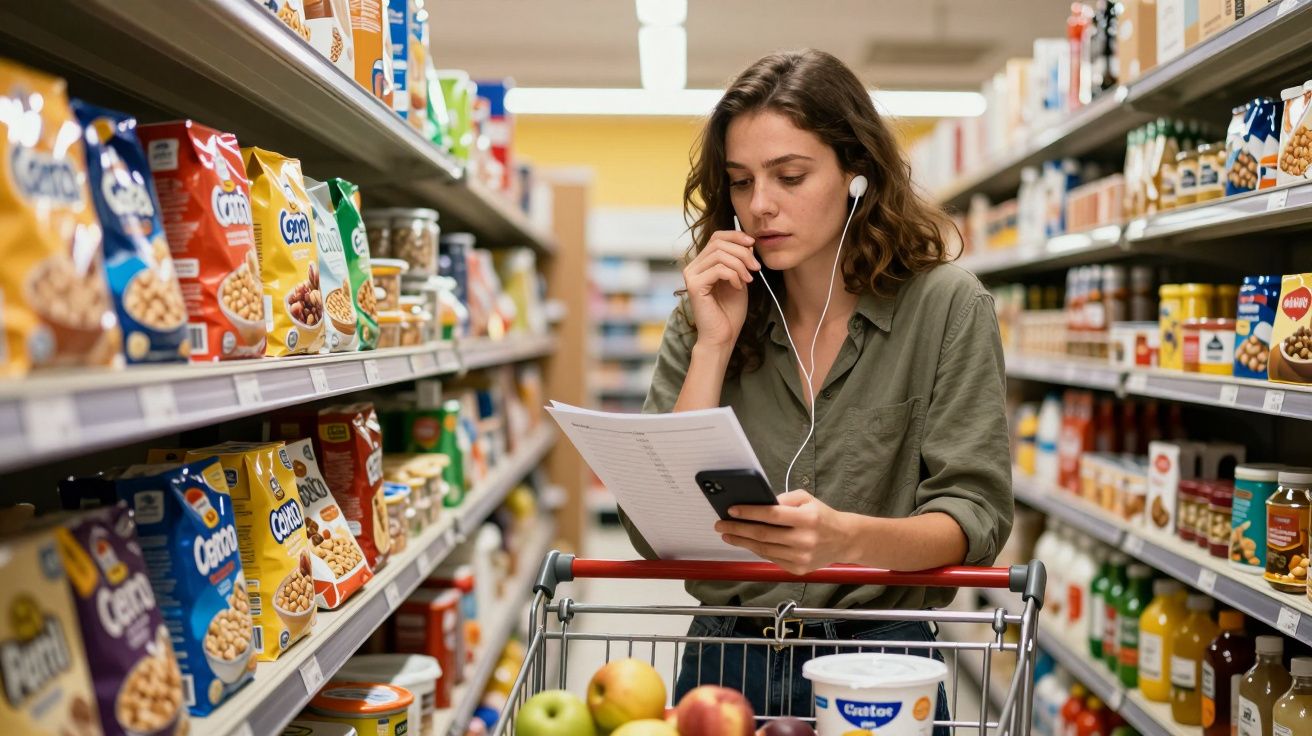 Mulher no supermercado com carrinho, lista e telemóvel, usando auriculares, rodeada por prateleiras de produtos alimentares.