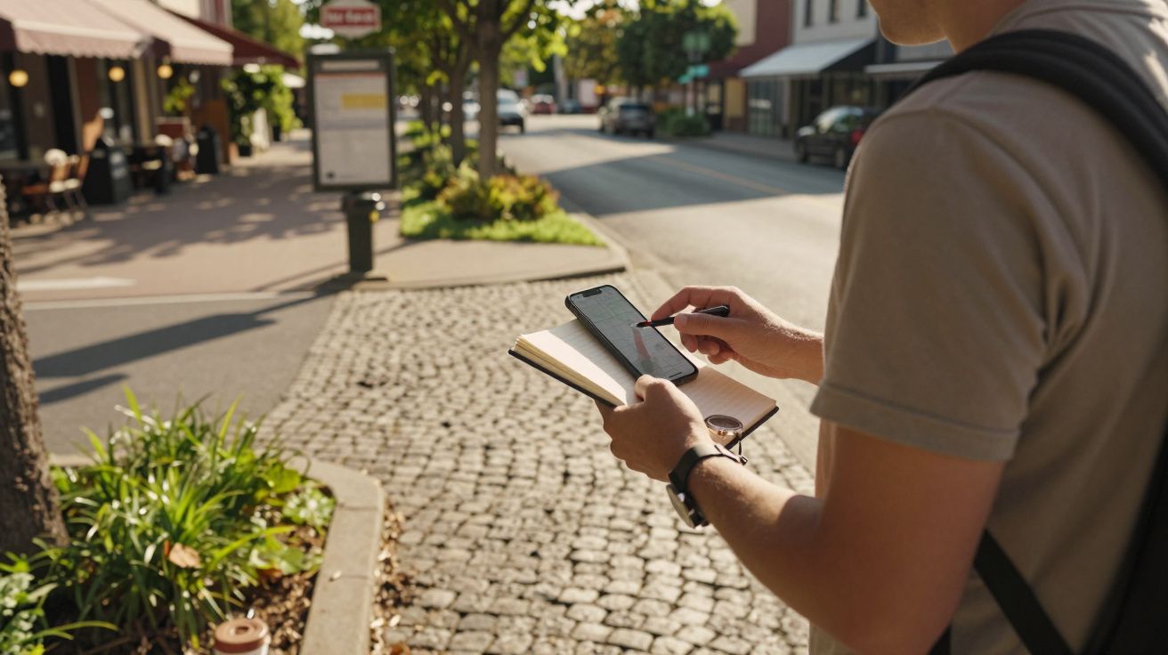 Pessoa a usar smartphone e bloco de notas em calçada numa rua ensolarada com árvores e edifícios ao fundo.