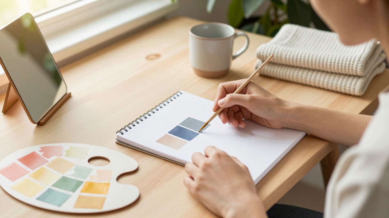 Pessoa pinta amostras de cor em bloco de notas, com paleta ao lado, numa mesa de madeira iluminada pelo sol.