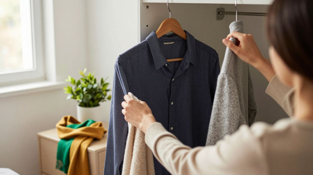 Pessoa organiza roupas num armário com camisas penduradas, fundo com planta e janela.