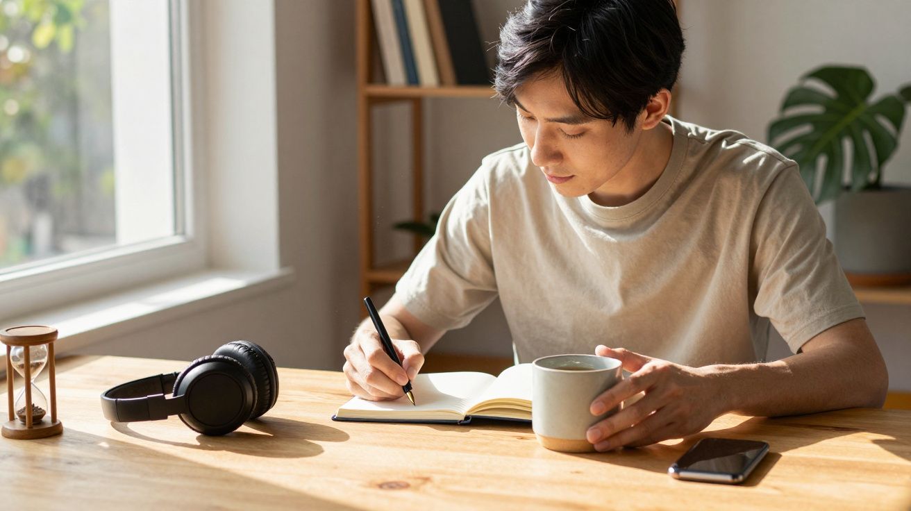 Homem escrevendo em caderno, segurando chávena, com auscultadores e ampulheta em mesa de madeira.