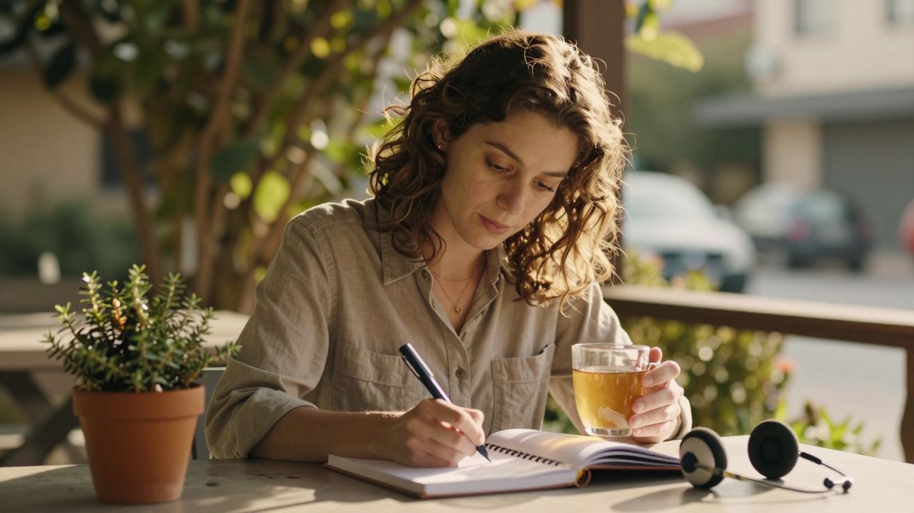 Mulher escrevendo num caderno enquanto segura uma chávena de chá, sentada numa mesa ao ar livre com fones ao lado.