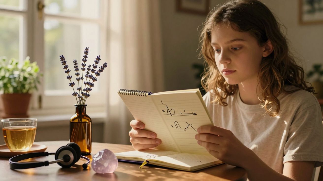 Jovem a ler caderno numa mesa com chávena, auriculares e arranjo de lavanda. Luz suave entra pela janela.